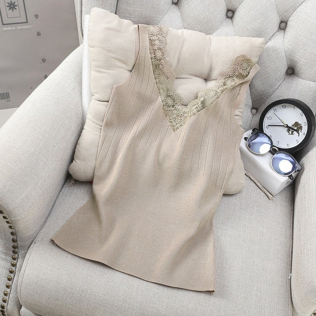 New Arrivals Summer Women Fashion High Elasticity Sexy Slim Knitted Lacework V-neck Tank Vest Ladies Casual Holiday Base Shirt