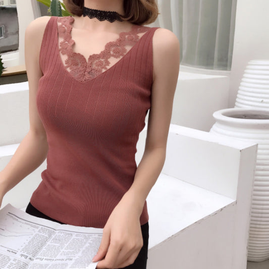 New Arrivals Summer Women Fashion High Elasticity Sexy Slim Knitted Lacework V-neck Tank Vest Ladies Casual Holiday Base Shirt