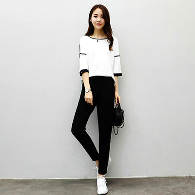 New fashion suit female summer ankle-length solid black pants ladies three quarter sleeve o-neck chiffon top solid OL women set