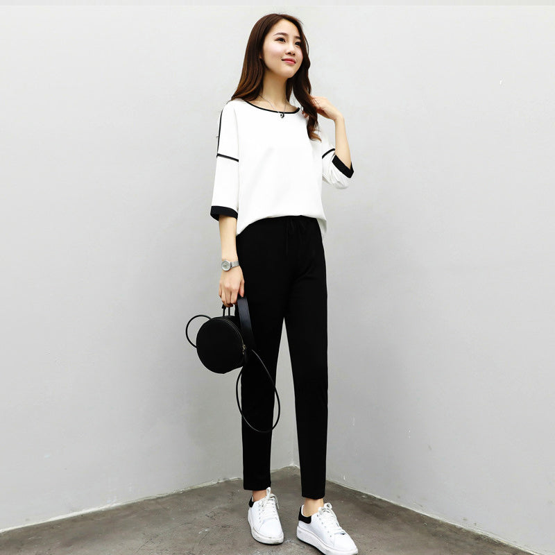 New fashion suit female summer ankle-length solid black pants ladies three quarter sleeve o-neck chiffon top solid OL women set