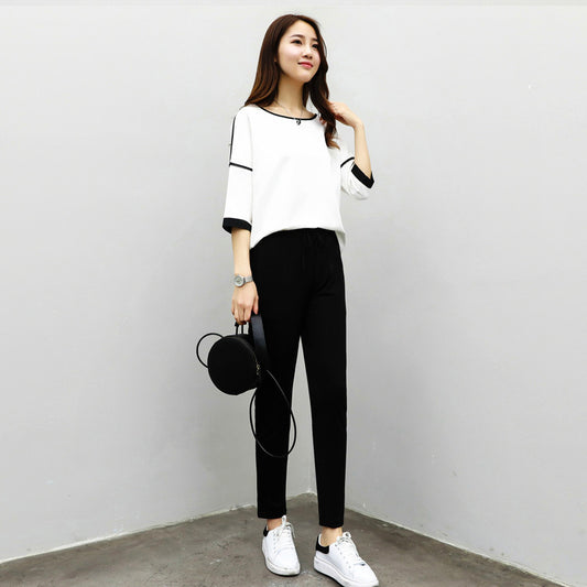 New fashion suit female summer ankle-length solid black pants ladies three quarter sleeve o-neck chiffon top solid OL women set