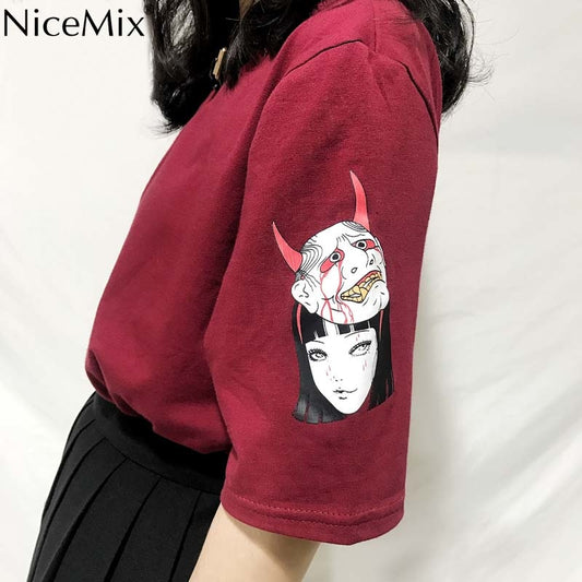 NiceMix 2018 Summer Cotton T Shirt Women Harajuku Tumblr Tops T-shirt Print Cartoon Female V-neck Loose Short Sleeve Top Femme