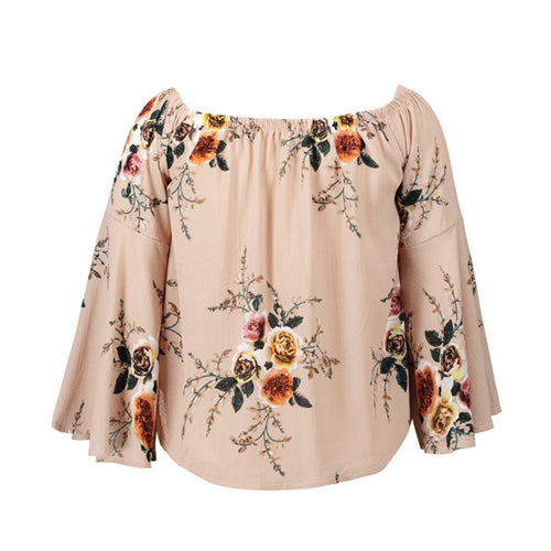 Off The Shoulder Tops For Women Summer 2018 New T Shirt Women Tops Print Flower Slash Neck Flare Sleeve Loose Top Women T-Shirt