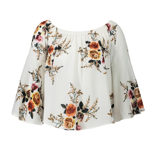 Off The Shoulder Tops For Women Summer 2018 New T Shirt Women Tops Print Flower Slash Neck Flare Sleeve Loose Top Women T-Shirt