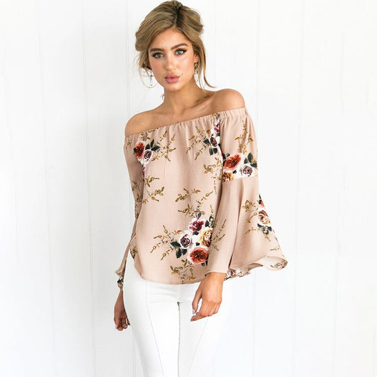 Off The Shoulder Tops For Women Summer 2018 New T Shirt Women Tops Print Flower Slash Neck Flare Sleeve Loose Top Women T-Shirt