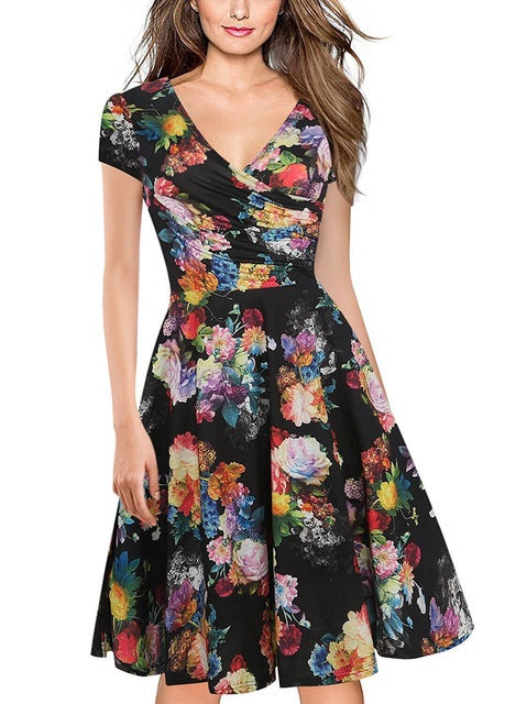 Oxiuly Womens Dark Blue Floral Print Dress Summer Sexy V Neck Short Sleeve Party Female Vintage A-Line Dresses Vestido Femininos