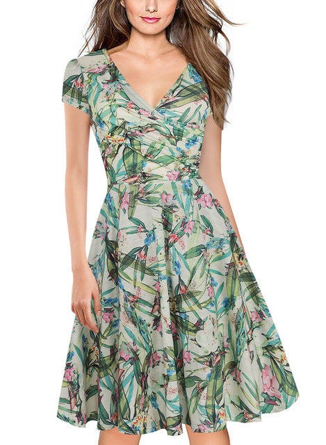 Oxiuly Womens Dark Blue Floral Print Dress Summer Sexy V Neck Short Sleeve Party Female Vintage A-Line Dresses Vestido Femininos
