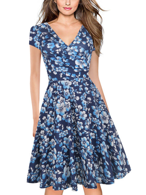Oxiuly Womens Dark Blue Floral Print Dress Summer Sexy V Neck Short Sleeve Party Female Vintage A-Line Dresses Vestido Femininos