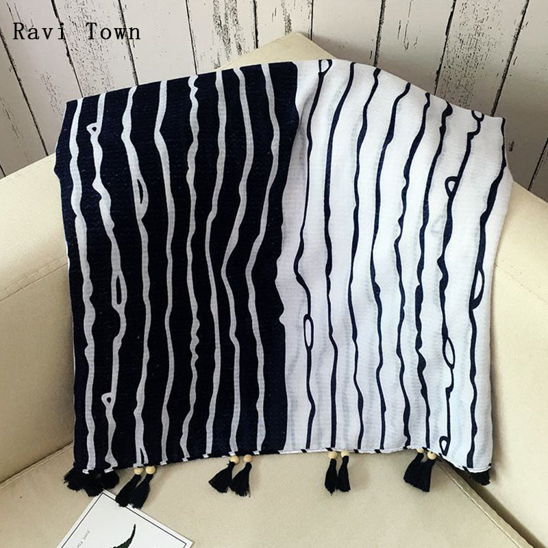 Ravi Town 2017 Autumn Winter Scarf Literary Black White Striped Cotton Linen Scarf Warm Tassel Women Scarves SC6015