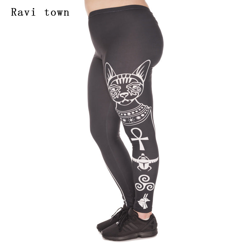 Ravi Town fashion Brand 2017 New Women Grey/Black Leggings Cat printing Large Size polyester clothing loose leggings