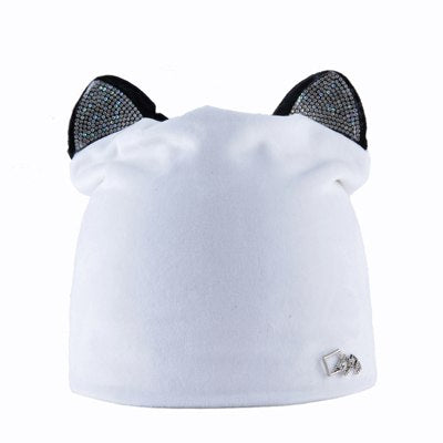 Rhinestone beanies cap with ears skullies women autumn winter hats for ladies fashion beanie cat hat women casual velvet caps
