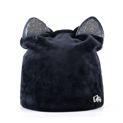 Rhinestone beanies cap with ears skullies women autumn winter hats for ladies fashion beanie cat hat women casual velvet caps