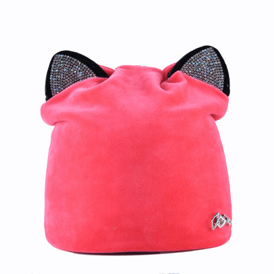Rhinestone beanies cap with ears skullies women autumn winter hats for ladies fashion beanie cat hat women casual velvet caps