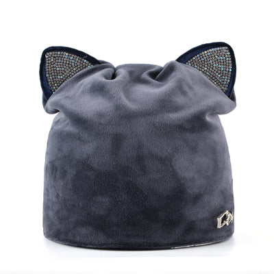 Rhinestone beanies cap with ears skullies women autumn winter hats for ladies fashion beanie cat hat women casual velvet caps