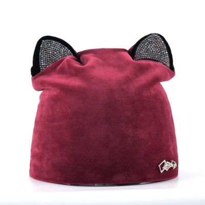 Rhinestone beanies cap with ears skullies women autumn winter hats for ladies fashion beanie cat hat women casual velvet caps