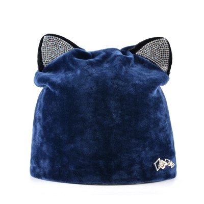 Rhinestone beanies cap with ears skullies women autumn winter hats for ladies fashion beanie cat hat women casual velvet caps