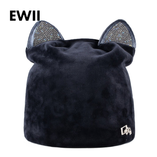 Rhinestone beanies cap with ears skullies women autumn winter hats for ladies fashion beanie cat hat women casual velvet caps