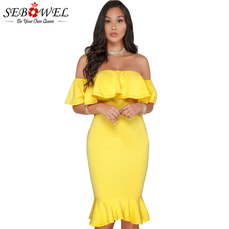 SEBOWEL 2018 Elegant Yellow Off Shoulder Party Short Dress Women Sexy Backless Ruffles Sleeve Club Dress Female Vestidos S-XXL