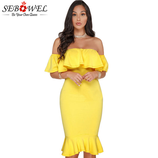 SEBOWEL 2018 Elegant Yellow Off Shoulder Party Short Dress Women Sexy Backless Ruffles Sleeve Club Dress Female Vestidos S-XXL