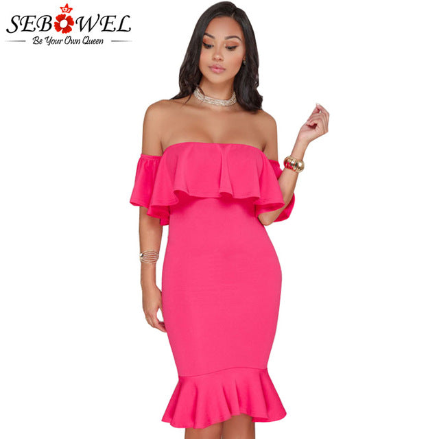 SEBOWEL 2018 Elegant Yellow Off Shoulder Party Short Dress Women Sexy Backless Ruffles Sleeve Club Dress Female Vestidos S-XXL