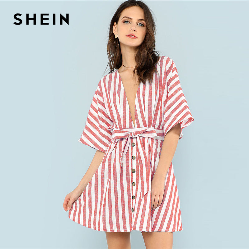 SHEIN Multicolor Vacation Boho Bohemian Beach Backless Deep V Neck Button Front Red Striped Belted Dress Summer Women Sexy Dress