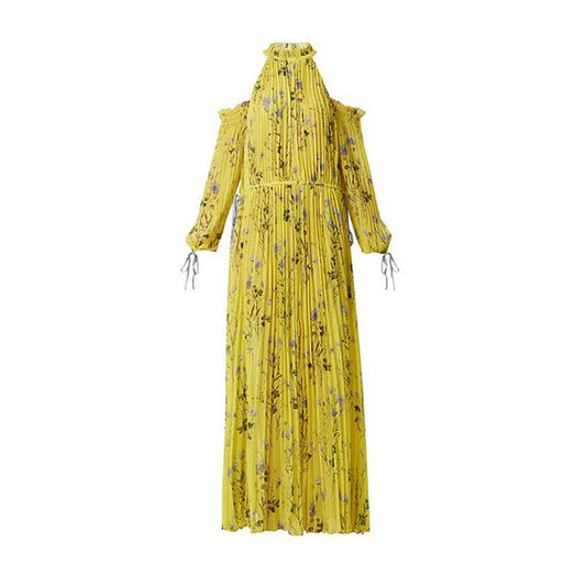 Self Portrait Dress 2018 Spring Summer Bohemian Long Sleeve Yellow Floral Printed Beach Dresses Boho Holiday Long Dress Halter