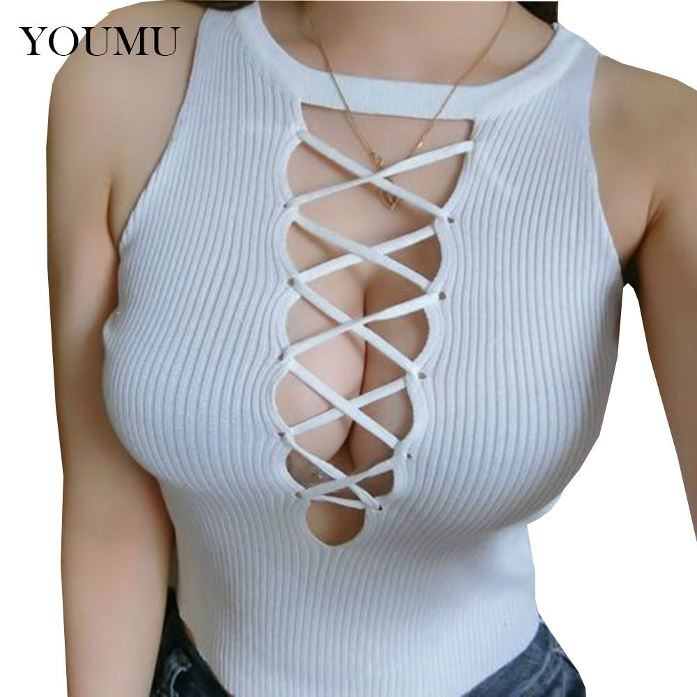 Sexy Lady T-Shirt Hollow Tank Tops Sleeveless Strappy Vest Crop Bralette Hot Girl Cross Bandage Fashion Both Sides Wear 200-096