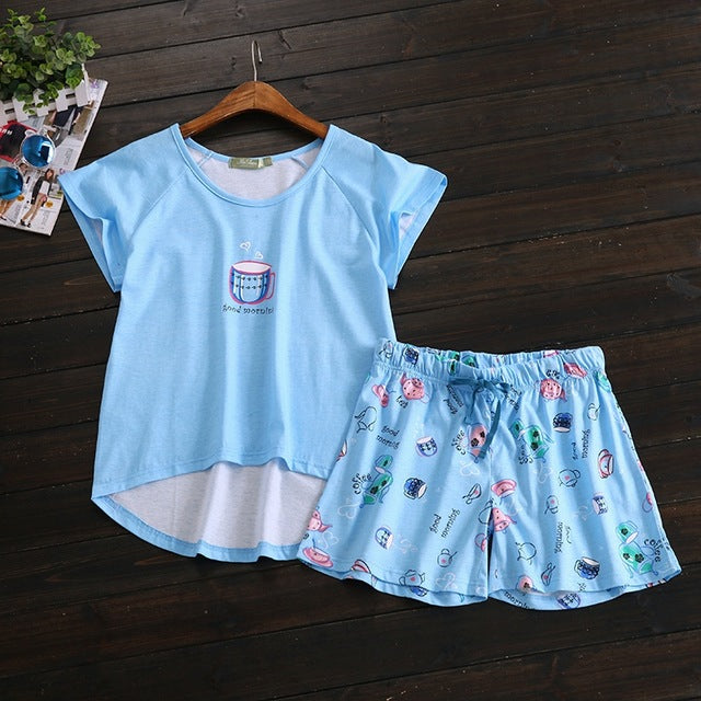 Sexy Summer short pyjamas women shorts Cute cartoon Simple 100% cotton women pajama sets homewear ladies sleepwear nightwear