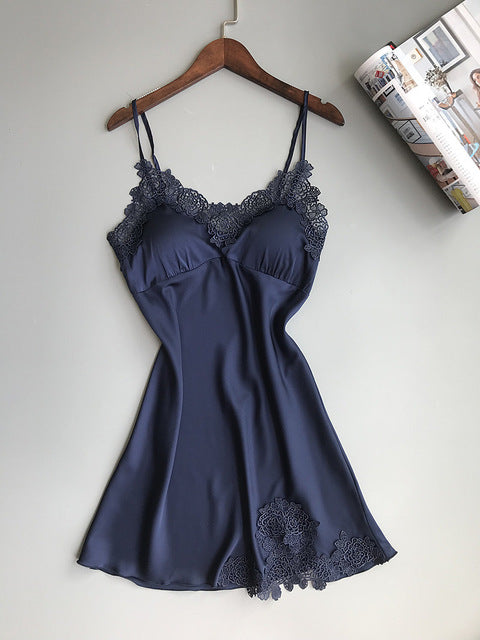Sexy silvery sleepshirts women Spaghetti straps sleeping gown satin Silk sleepdress loose lace nightshirts de dormir sexi