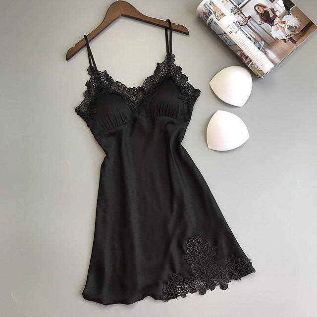 Sexy silvery sleepshirts women Spaghetti straps sleeping gown satin Silk sleepdress loose lace nightshirts de dormir sexi