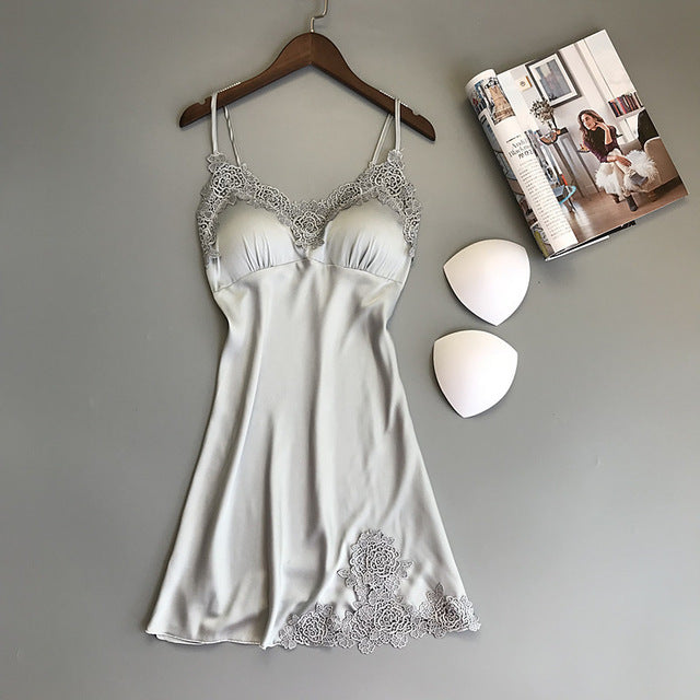 Sexy silvery sleepshirts women Spaghetti straps sleeping gown satin Silk sleepdress loose lace nightshirts de dormir sexi
