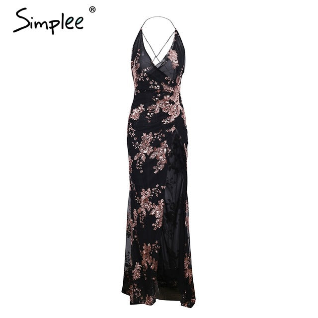 Simplee Sexy lace up halter sequin party dresses women Backless high split maxi dress women Christmas 2017  long dress vestidos