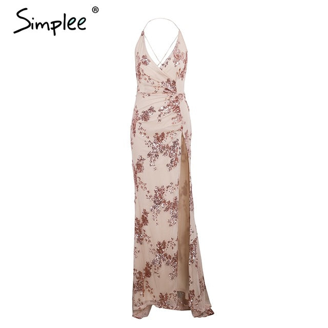 Simplee Sexy lace up halter sequin party dresses women Backless high split maxi dress women Christmas 2017  long dress vestidos