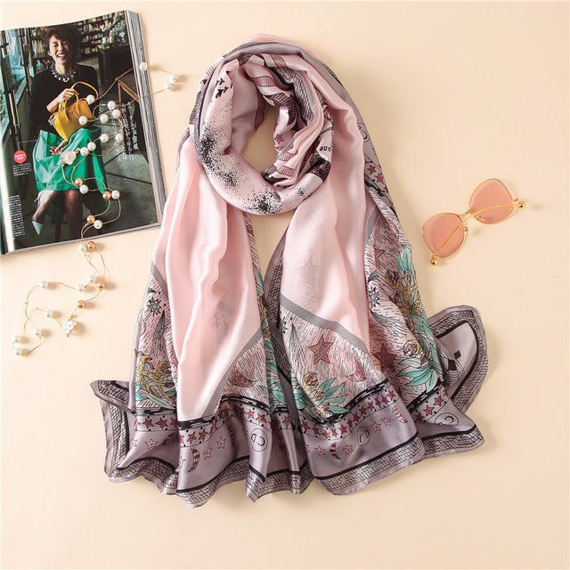 Spring Summer Silk Gauze Scarf Women Scarf Hot Large Jungle Star Print Shawl Long Black White Big Silk Wrap Luxury Gift for Lady