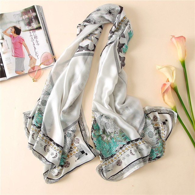 Spring Summer Silk Gauze Scarf Women Scarf Hot Large Jungle Star Print Shawl Long Black White Big Silk Wrap Luxury Gift for Lady