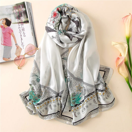 Spring Summer Silk Gauze Scarf Women Scarf Hot Large Jungle Star Print Shawl Long Black White Big Silk Wrap Luxury Gift for Lady