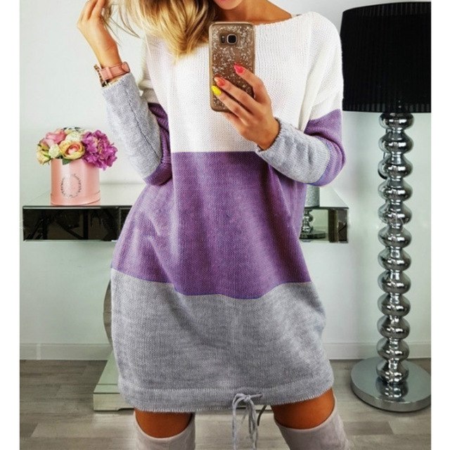 Stripe Patchwork Women Sweater Dresses Girls Hoodies Dress Casual Long Sleeved Sweater O Neck Mini Dress Party Dress GV326