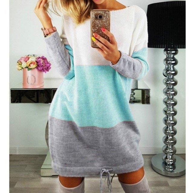 Stripe Patchwork Women Sweater Dresses Girls Hoodies Dress Casual Long Sleeved Sweater O Neck Mini Dress Party Dress GV326