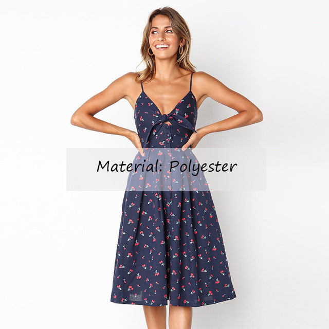 Summer 2018 Bohemian Beach Dress Women Sexy Casual Spaghetti Strap V-Neck Sleeveless Solid Long Sundress Bow Vintage Party Dress