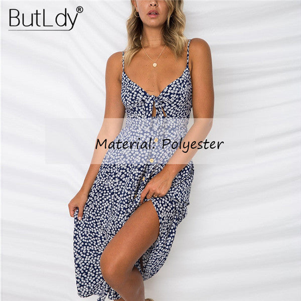 Summer 2018 Bohemian Beach Dress Women Sexy Casual Spaghetti Strap V-Neck Sleeveless Solid Long Sundress Bow Vintage Party Dress