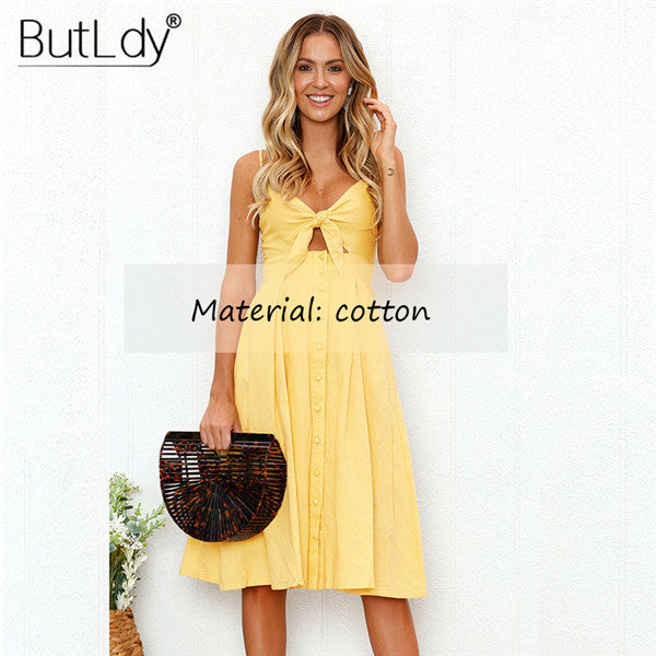 Summer 2018 Bohemian Beach Dress Women Sexy Casual Spaghetti Strap V-Neck Sleeveless Solid Long Sundress Bow Vintage Party Dress