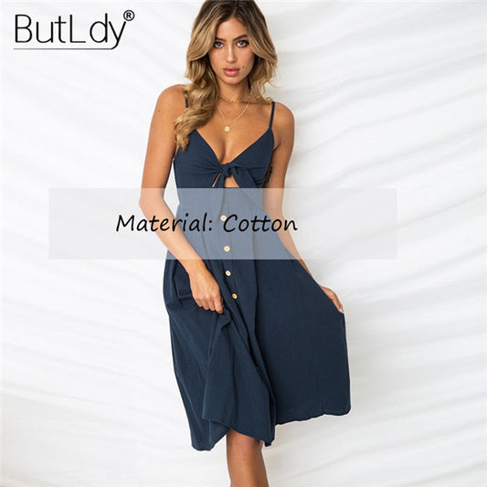 Summer 2018 Bohemian Beach Dress Women Sexy Casual Spaghetti Strap V-Neck Sleeveless Solid Long Sundress Bow Vintage Party Dress