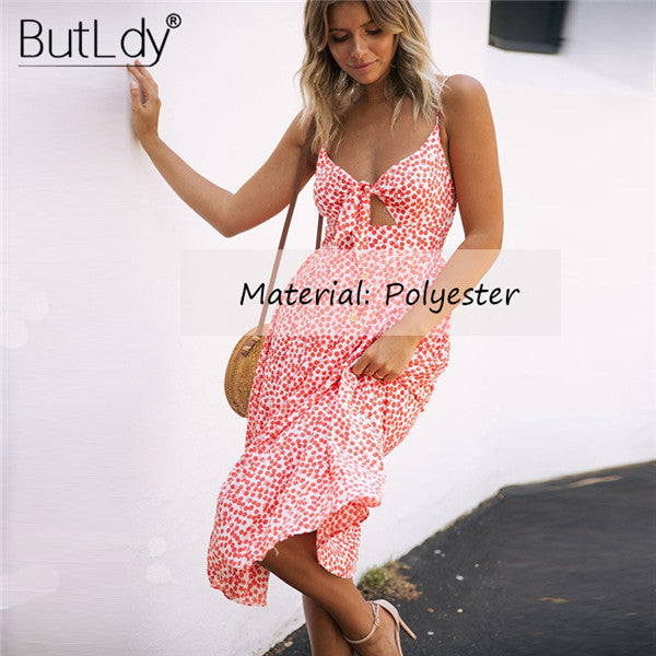 Summer 2018 Bohemian Beach Dress Women Sexy Casual Spaghetti Strap V-Neck Sleeveless Solid Long Sundress Bow Vintage Party Dress