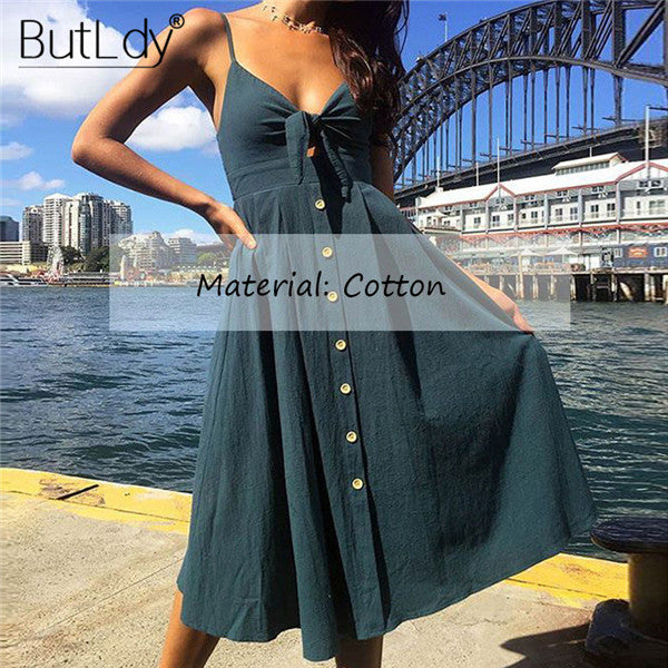 Summer 2018 Bohemian Beach Dress Women Sexy Casual Spaghetti Strap V-Neck Sleeveless Solid Long Sundress Bow Vintage Party Dress