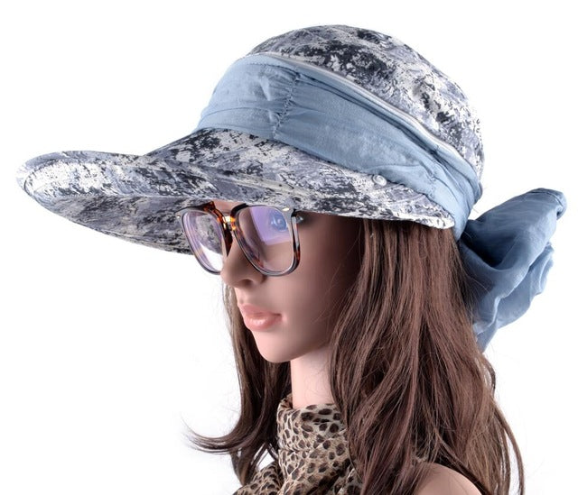 Summer Beach Hats For Women Foldable Bow Wide Brim Visor Caps Anti-UV Sun Chapeau Feminino With Neck Flap Hoeden Voor Vrouwen