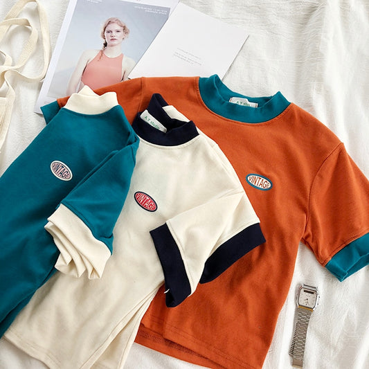 Summer Korean Women Cotton Crop Tops Ringer Tee Short Sleeve Vintage Tee Shirt Female Blue White Orange T-shirt