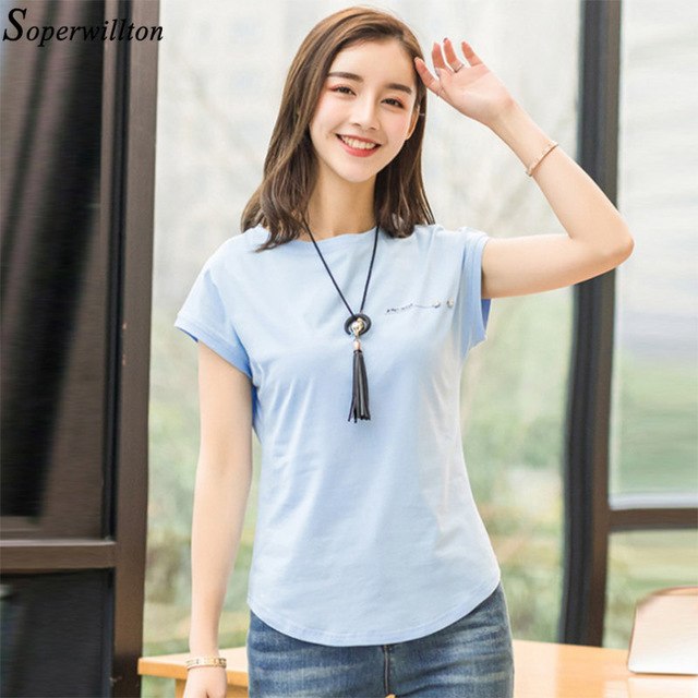 T Shirt Women 2018 Summer T-Shirt Casual Tshirt Woman Cotton Top Tee Ladies Solid Short Sleeve Pink Camisetas Feminina Letter T8