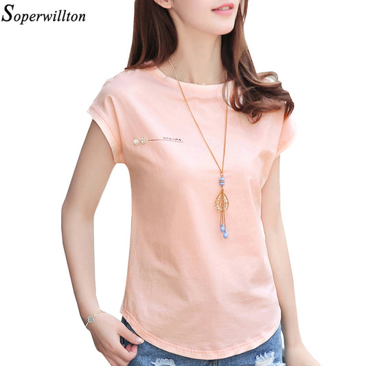 T Shirt Women 2018 Summer T-Shirt Casual Tshirt Woman Cotton Top Tee Ladies Solid Short Sleeve Pink Camisetas Feminina Letter T8