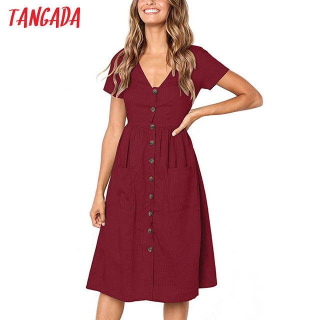 Tangada 2018 summer cotton dress women tunic v neck short sleeve pink midi dresses pocket casual vestidos female AON04