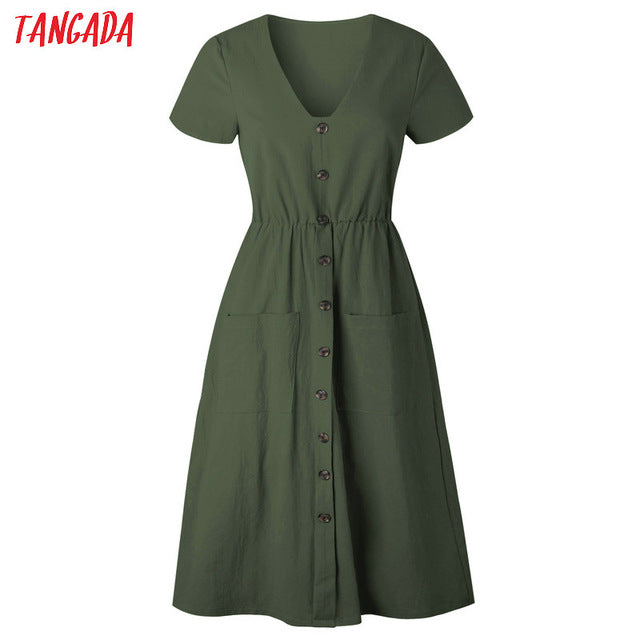 Tangada 2018 summer cotton dress women tunic v neck short sleeve pink midi dresses pocket casual vestidos female AON04